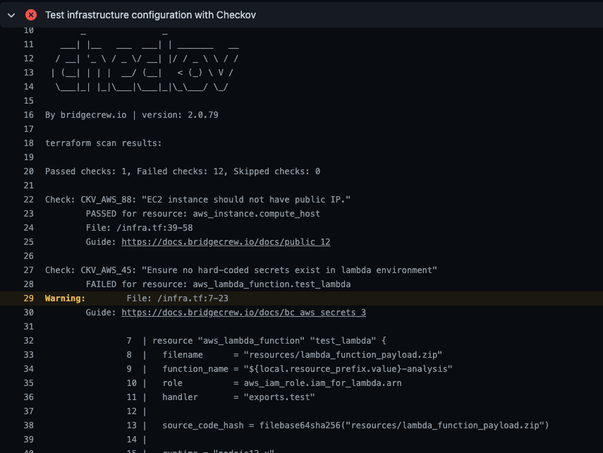 Checkov identifying infrastructure config issues during the CI build