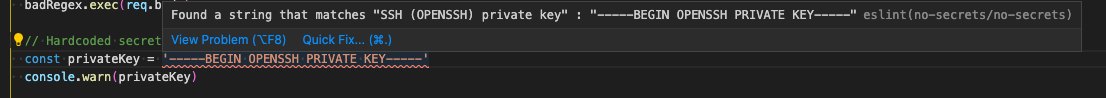 es-lint showing a hardcoded secret error inline in VS Code