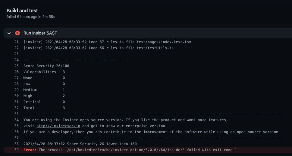 Insider screenshot from Github showing 3 errors
