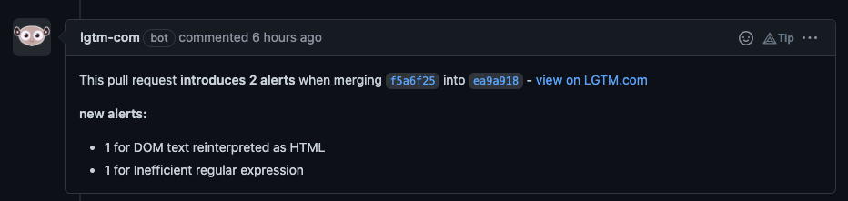 LGTM screenshot from Github showing 2 alerts