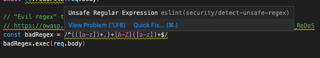 es-lint showing a regex error inline in VS Code