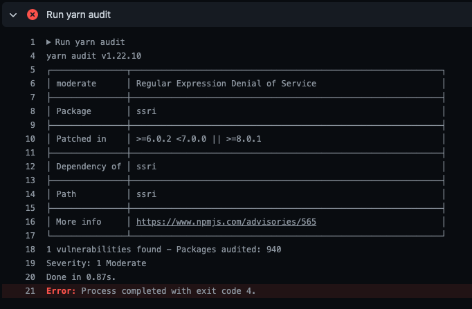 yarn audit identifying a dodgy dependency in the terminal